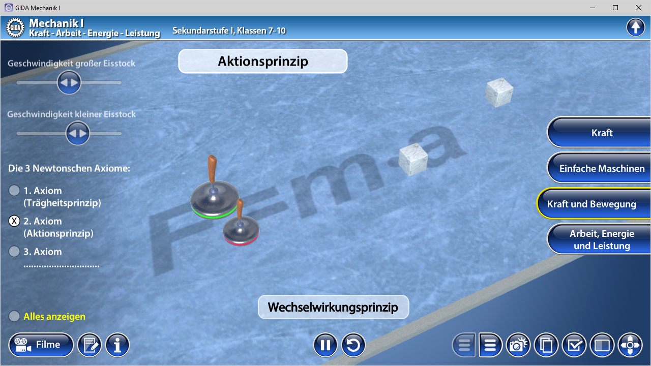 Interaktive Darstellung des Aktionsprinzips in der Mechanik mit einem Pömpel und zwei Objekten auf einer Oberfläche.