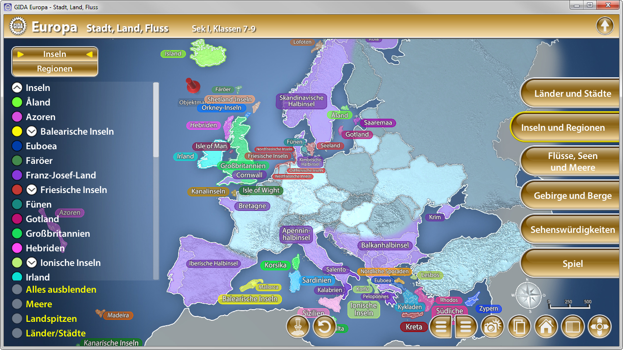 Interaktive Karte von Europa mit Ländern, Städten und Flüssen, farblich gekennzeichnete Regionen.