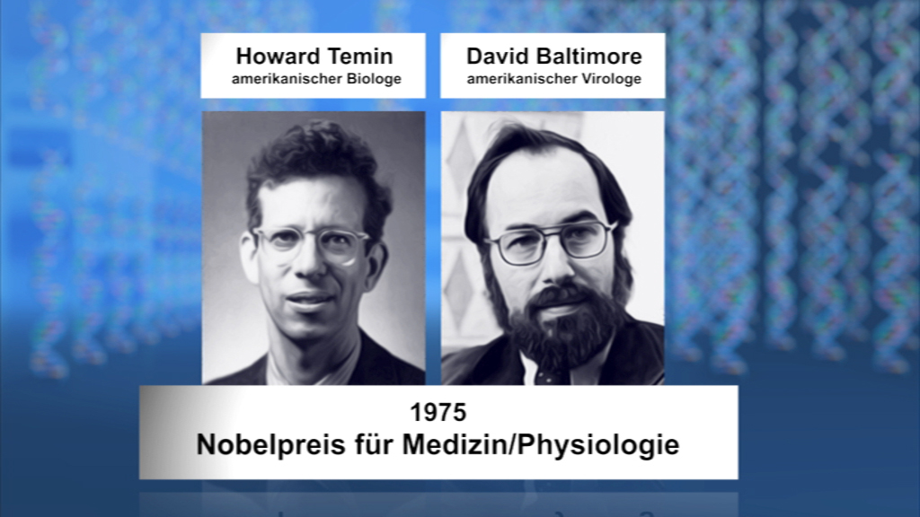 Howard Temin und David Baltimore, Nobelpreisträger für Medizin/Physiologie 1975, mit ihren Porträts.