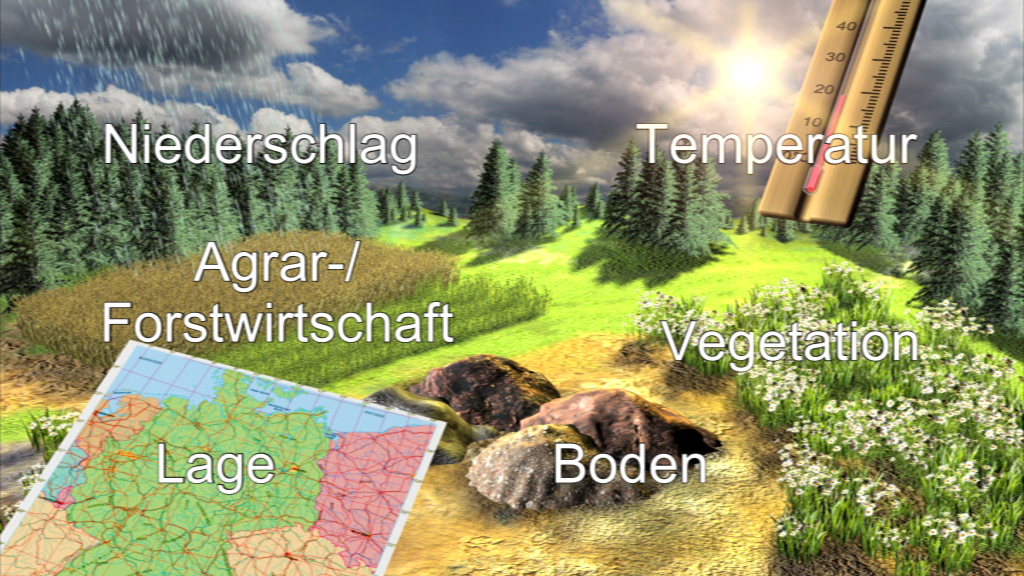 Infografik über klimatische Faktoren wie Niederschlag, Temperatur und Vegetation, mit einer Karte im unteren linken Bereich.