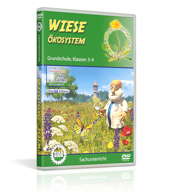 DVD-Cover für 'Wiese Ökosystem' mit Abbildung von Blumen, Schmetterlingen und einem alten Mann in einem Garten.