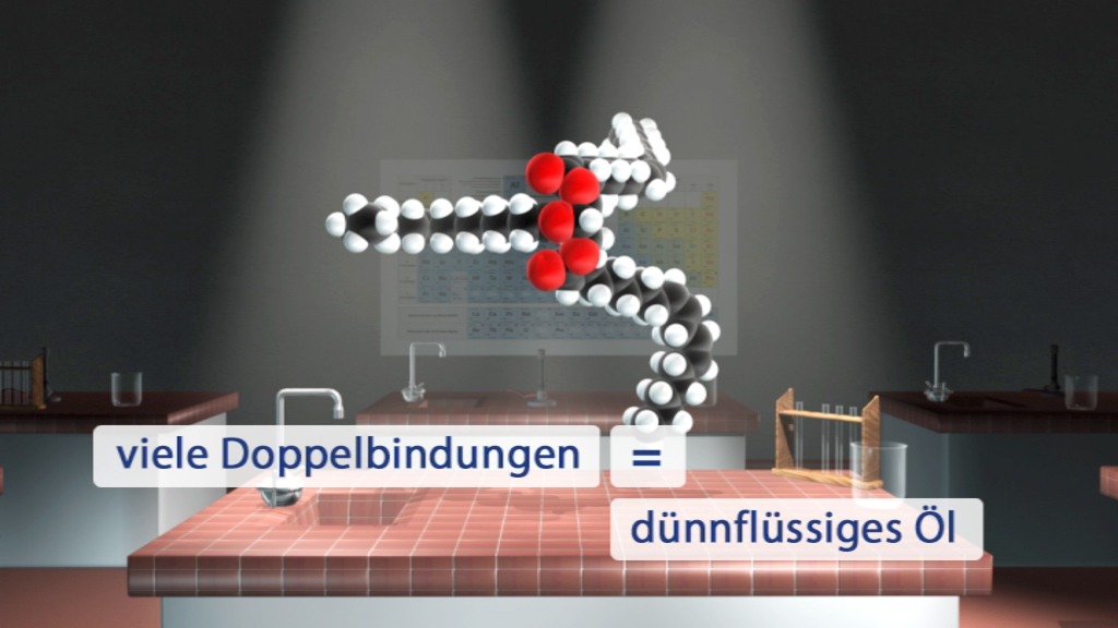 Molekülmodell mit vielen Doppelbindungen, das als dünnflüssiges Öl dargestellt wird.