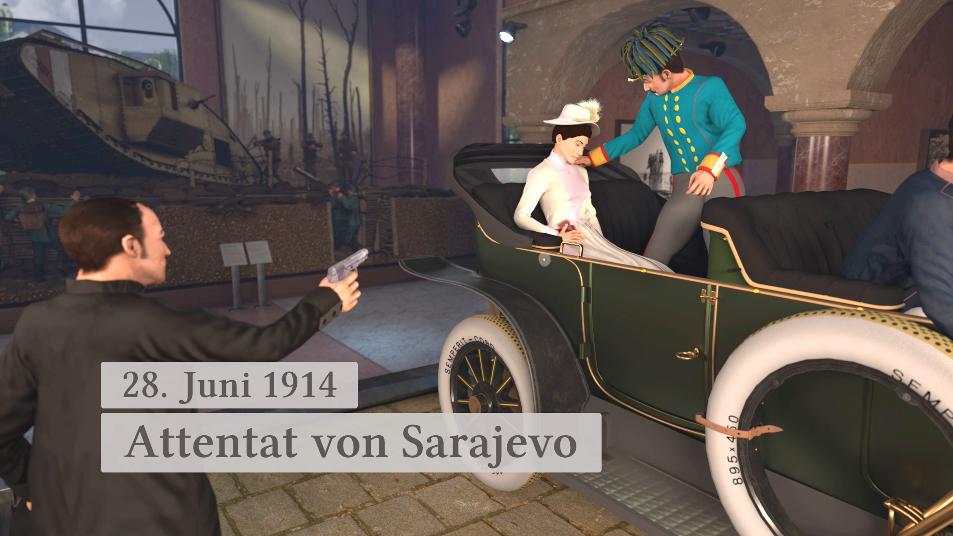 Rekonstruktion des Attentats von Sarajevo am 28. Juni 1914, mit einem Mann, der eine Waffe auf eine Person im Auto richtet.