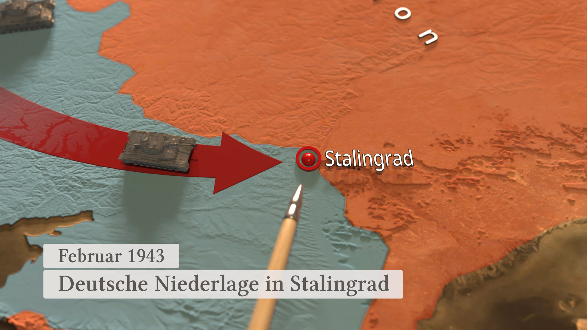 Karte von Europa mit Fokus auf Stalingrad, zeigt den Verlauf der deutschen Niederlage im Februar 1943.