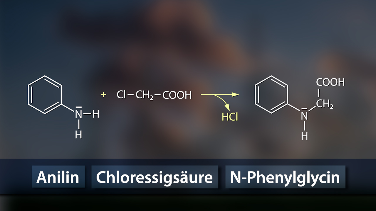 Chemische Reaktion zwischen Anilin, Chlorsäure und N-Phenylglycin mit Strukturformeln.