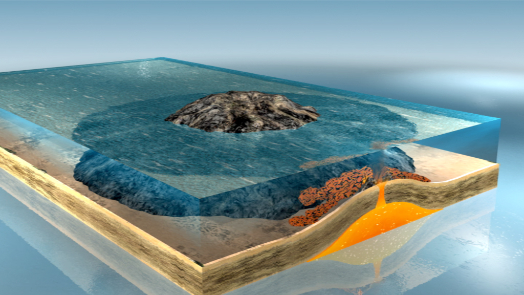 Schematische Darstellung einer vulkanischen Insel mit Wasseroberfläche, unterirdischem Magma und Erdschichten.