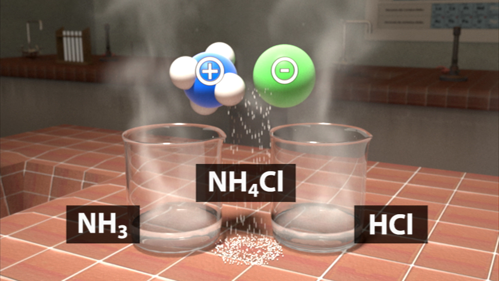 Zwei Gläser mit Ammoniak (NH3) und Salzsäure (HCl), die eine chemische Reaktion zeigen, die Ammoniumchlorid (NH4Cl) erzeugt.