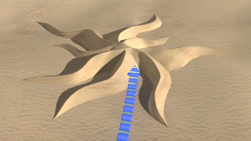 Eine Sanddüne in Form einer Blume mit blauen Linien, die durch die Mitte verlaufen.