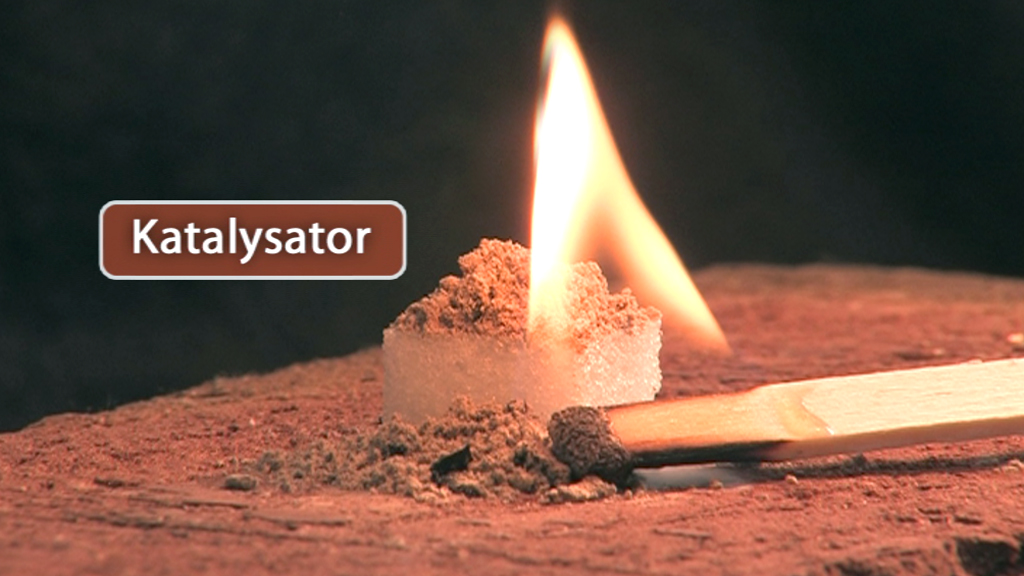 Ein brennender Katalysator auf einem Holzstück, daneben ein Streichholz.