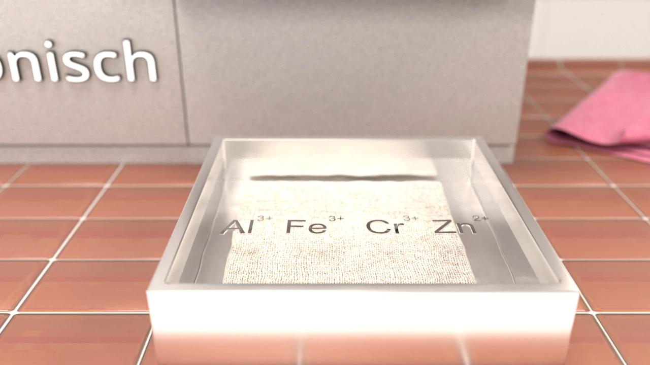 Darstellung von chemischen Elementen: Aluminium (Al), Eisen (Fe), Chrom (Cr) und Zink (Zn) in einer transparenten Box.