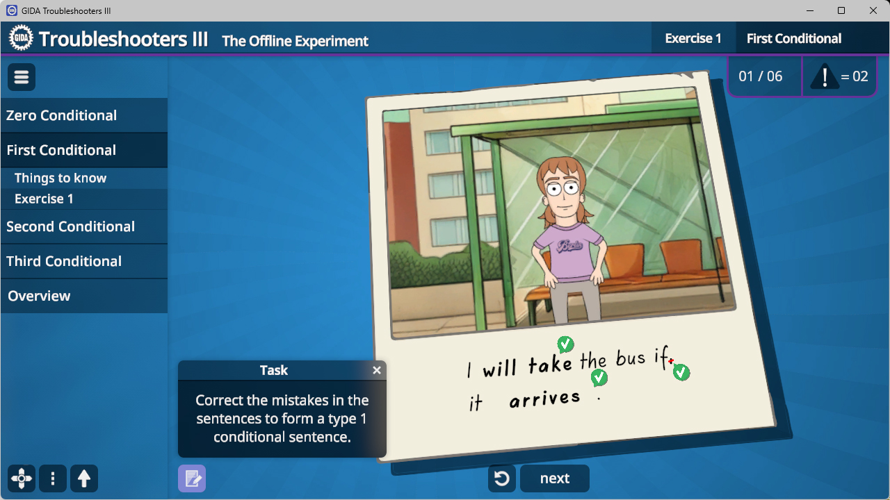 Screenshot einer Lernsoftware mit einer Übung zum First Conditional, zeigt eine Polaroid-ähnliche Illustration eines Mannes vor einem Gebäude und den Satz 'I will take the bus if it arrives' mit Korrekturen.