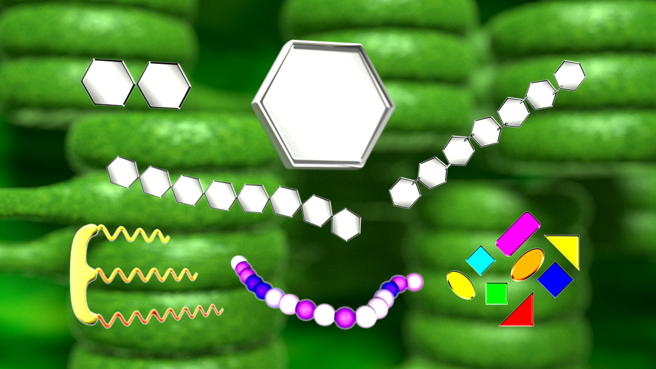 Grafische Darstellung von Molekülen und chemischen Strukturen in verschiedenen Formen und Farben.
