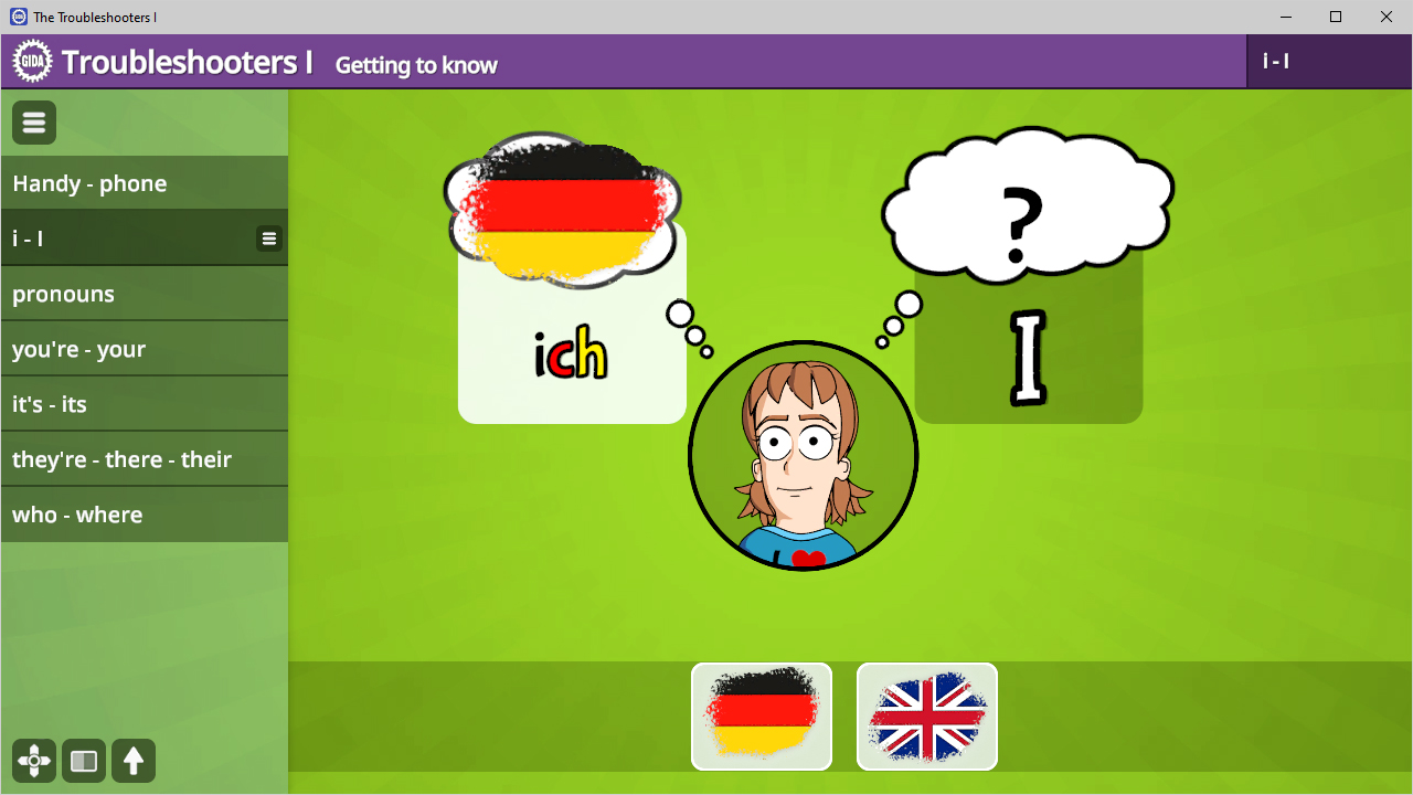 Illustration of a cartoon character thinking about the German word 'ich' and its English equivalent 'I', with flags of Germany and the UK.