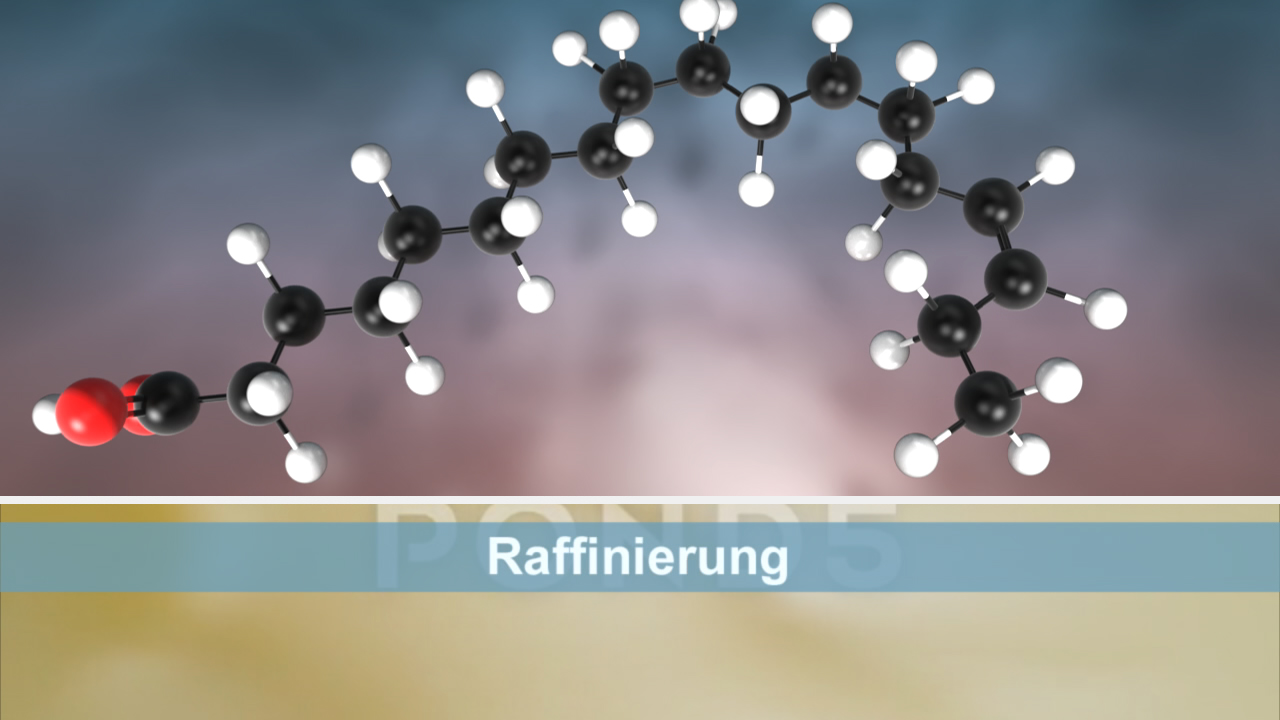 Molekülstruktur mit schwarzen, weißen und einem roten Atom, beschriftet mit 'Raffinierung'.