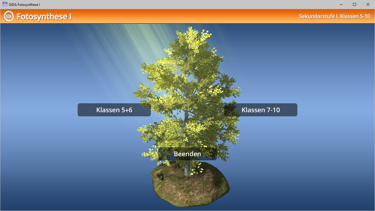 Interaktive Darstellung eines Baumes mit Optionen für Klassen 5-6 und 7-10 sowie einer Schaltfläche zum Beenden.