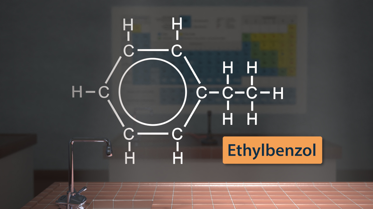 Chemische Struktur von Ethylbenzol mit Strukturformel und Bezeichnung.