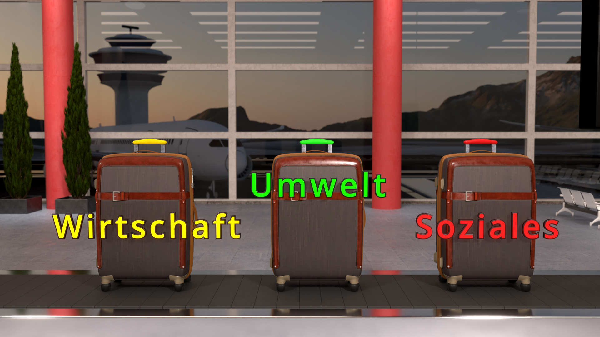 Drei Koffer mit den Beschriftungen 'Wirtschaft', 'Umwelt' und 'Soziales' in einem Flughafenumfeld.