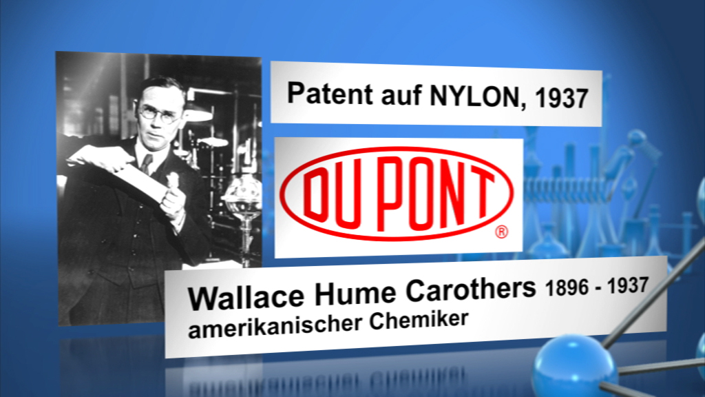 Wallace Hume Carothers, amerikanischer Chemiker, präsentiert Nylon-Patent von 1937, mit DuPont-Logo.