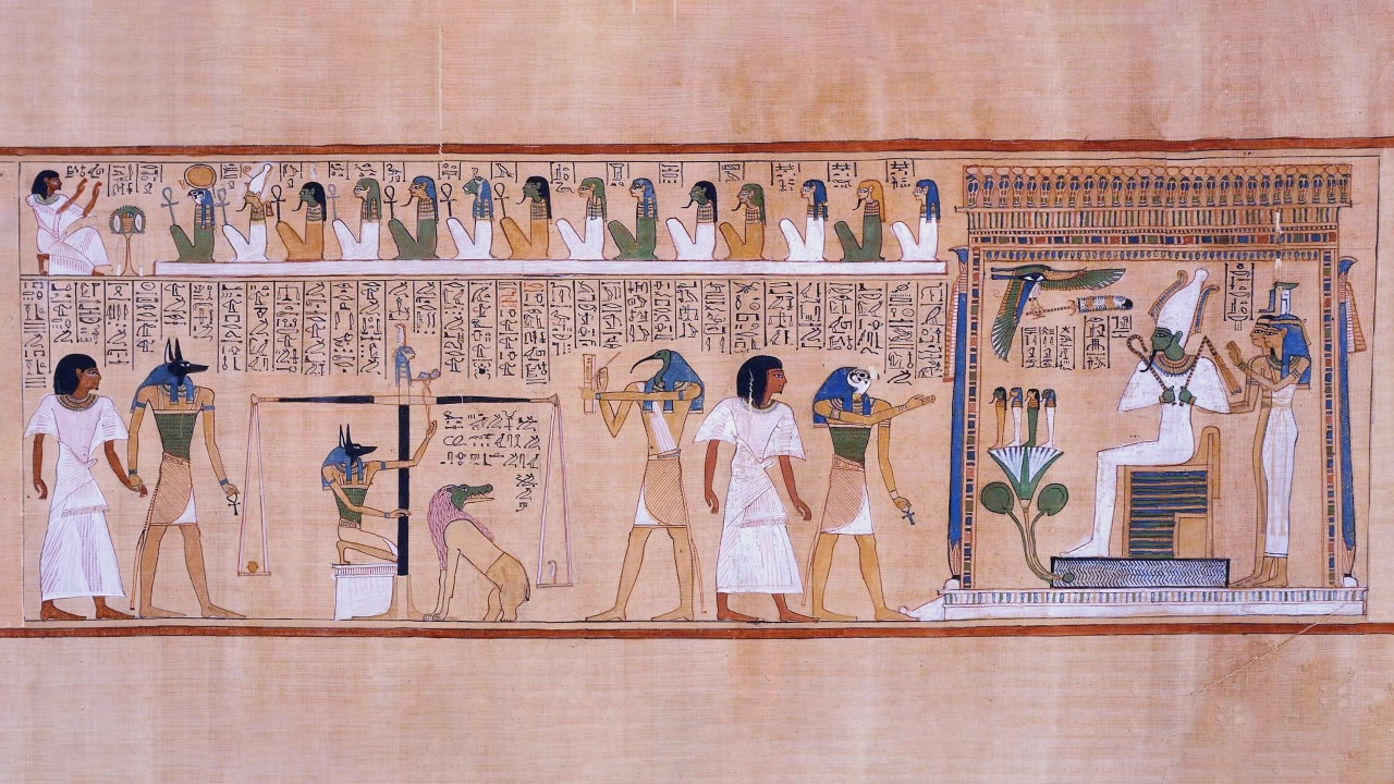 Ägyptische Hieroglyphen und Szenen, die rituelle Zeremonien und Götter darstellen.