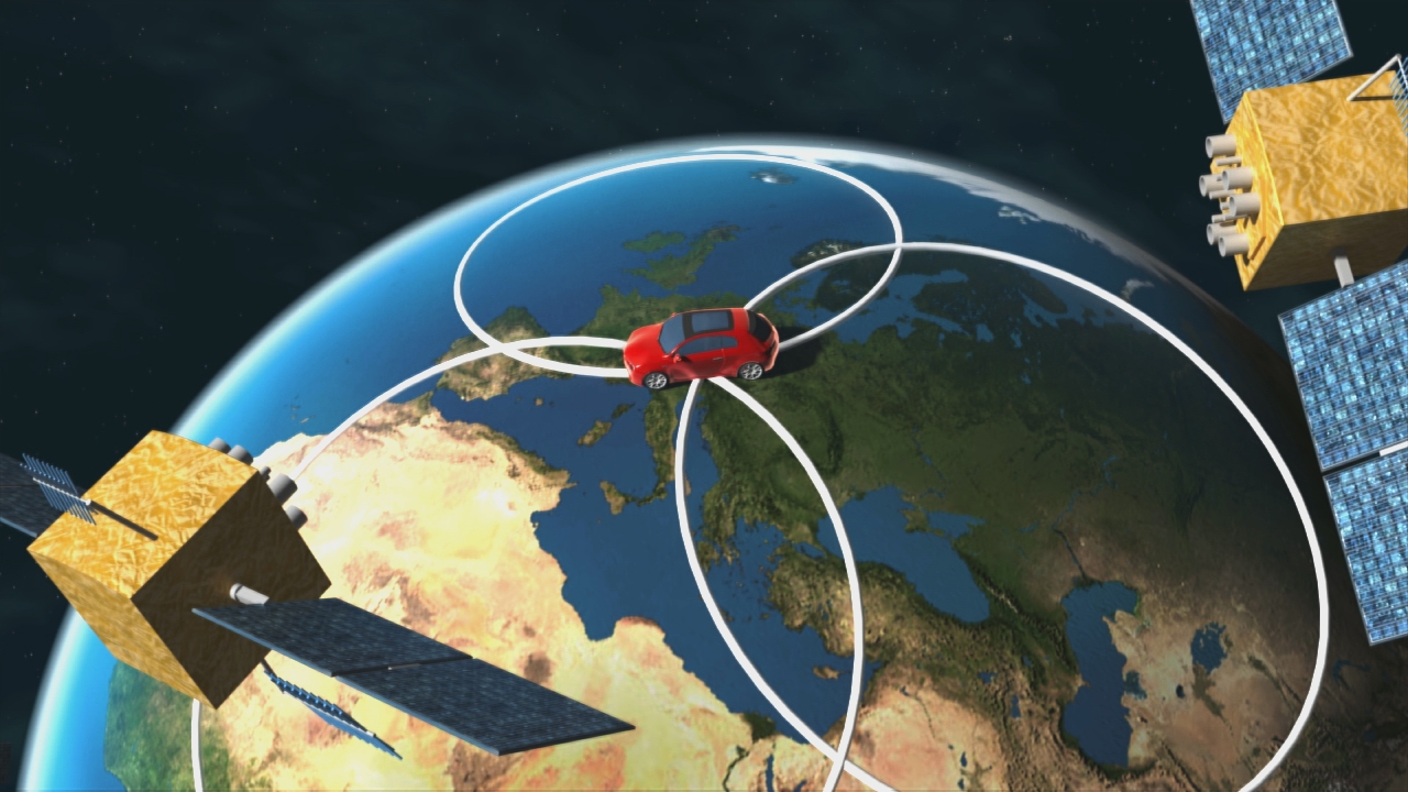 Ein rotes Auto wird von drei Satelliten umgeben, die eine Verbindung zur Erde herstellen.