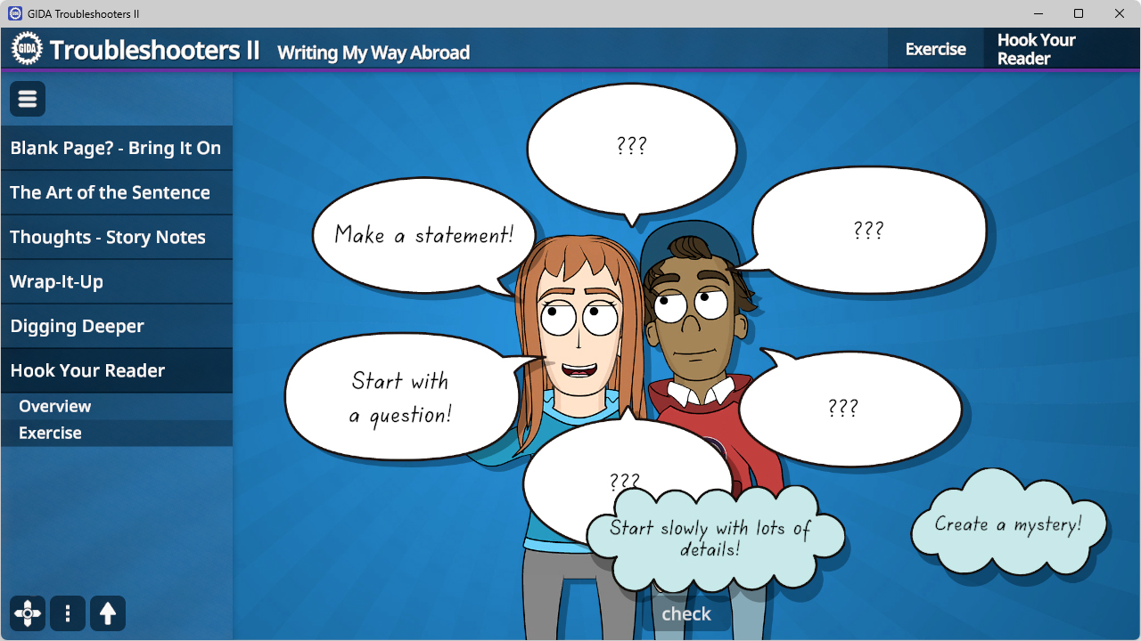 Zwei Personen mit Sprechblasen: 'Make a statement!', 'Start with a question!', '???', 'Start slowly with lots of details!', 'Create a mystery!'; blaues Hintergrunddesign mit Menü links.