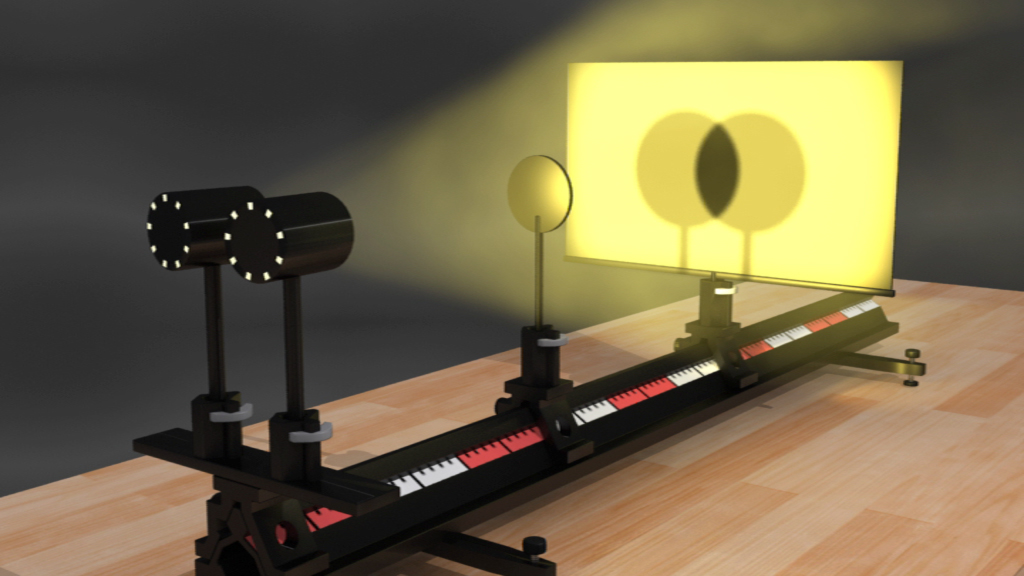 Ein Experimentieraufbau zur Demonstration von Licht und Schatten mit einer Lichtquelle, einem Objekt und einem Bildschirm.