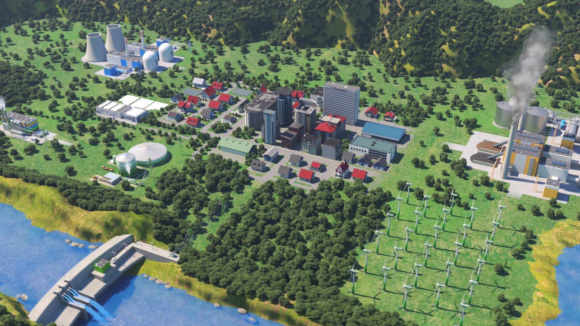 Luftaufnahme einer Industrieanlage mit Kraftwerken, Windturbinen und einer Wasserstraße.