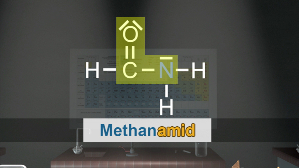 Chemische Struktur von Methanamid mit chemischen Symbolen und dem Namen 'Methanamid' darunter.