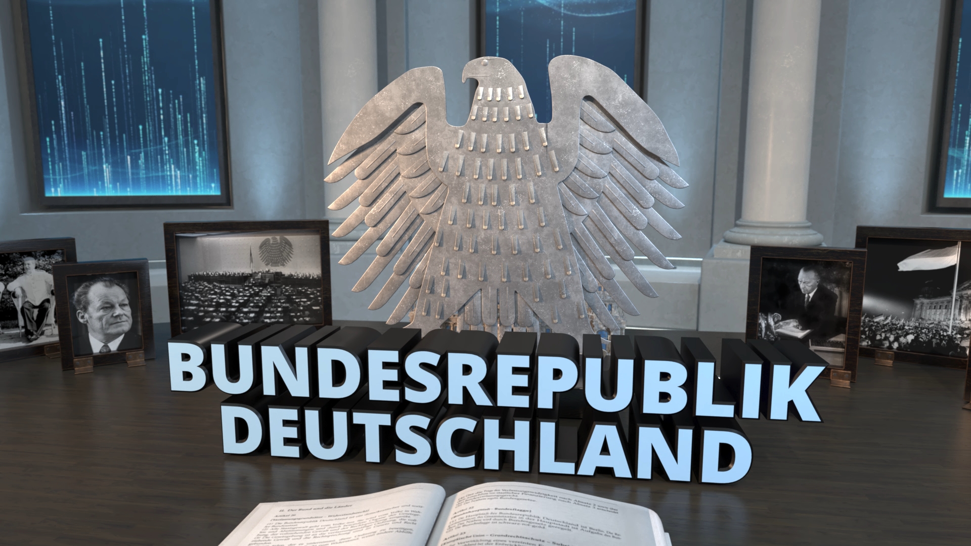 Großer Bundesadler aus Metall hinter dem Schriftzug 'Bundesrepublik Deutschland' in einem Raum mit historischen Fotos und Säulen