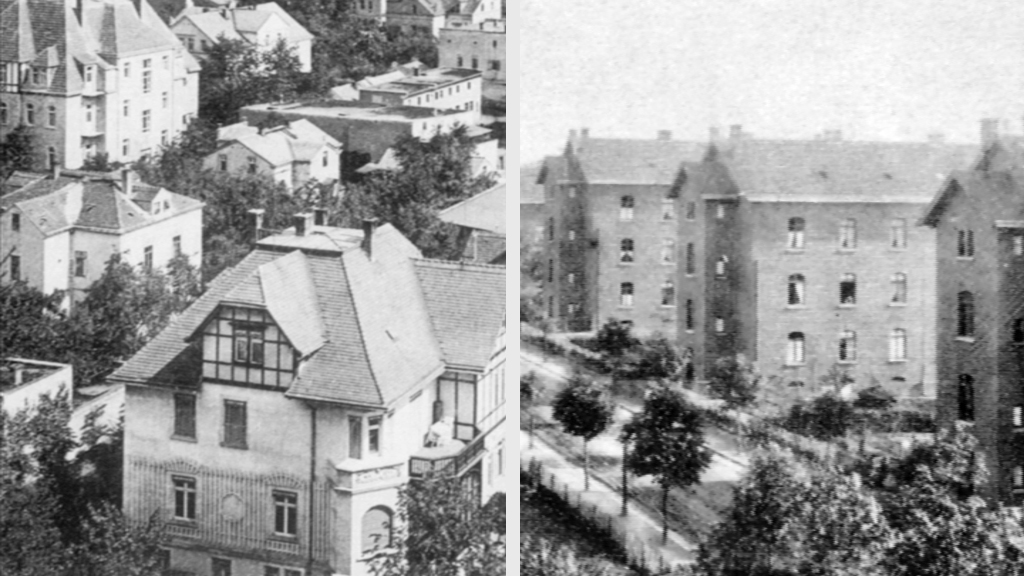 Historische Gebäudeansicht mit Wohnhäusern und Bäumen, links ein mehrstöckiges Haus mit Dachgaube, rechts eine Reihe von mehrstöckigen Wohngebäuden.
