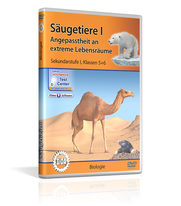 DVD-Cover mit dem Titel 'Säugetiere I', zeigt einen Eisbären und eine Landschaft, die extreme Lebensräume darstellt.