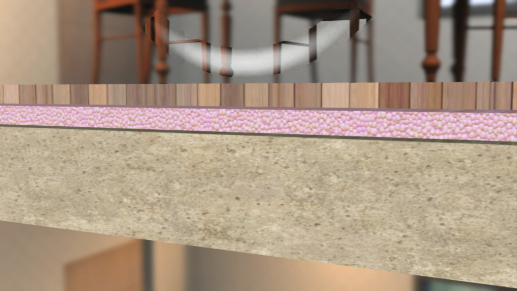 Schematische Darstellung eines Fußbodens mit verschiedenen Schichten, einschließlich Holz, Dämmmaterial und Beton.