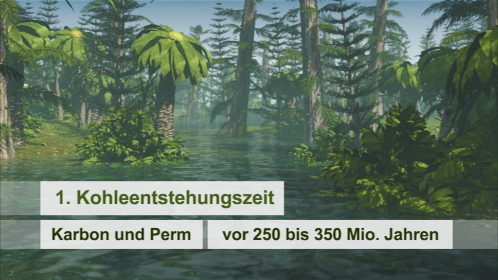 Darstellung eines prähistorischen Waldes während der Kohlensteinzeit mit üppiger Vegetation und Wasserflächen.
