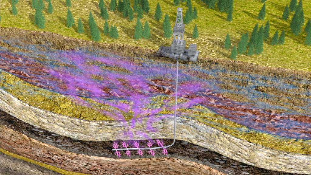 Grafik, die den hydraulischen Fracking-Prozess zeigt, mit einer Bohranlage und farbigen Schichten des Gesteins.
