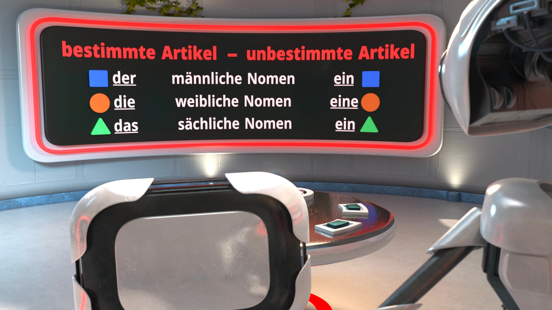 Tafel mit farblich markierten deutschen Artikeln und Nomenarten in einem modernen Raum mit Stühlen und Tisch.