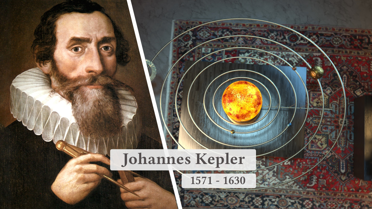 Porträt von Johannes Kepler mit einem Modell des Sonnensystems, das die Planetenbahnen zeigt.