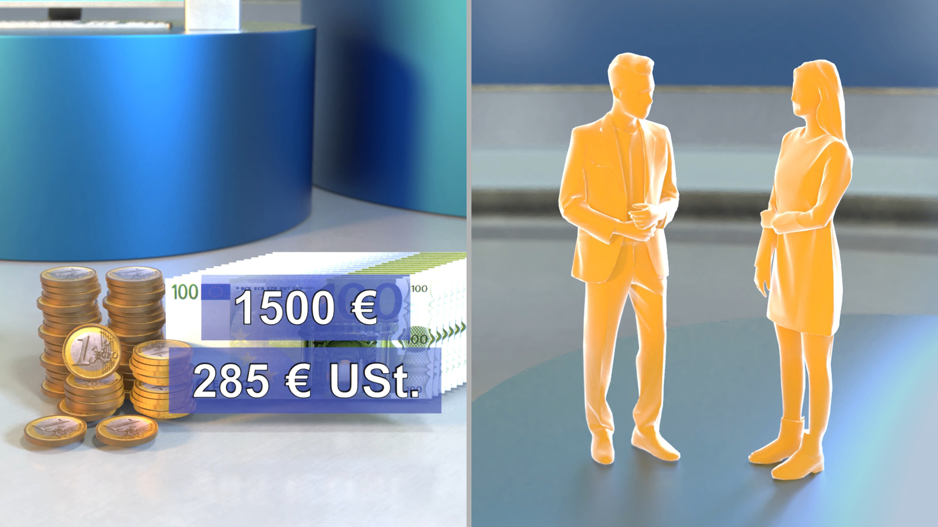 Zwei orangefarbene, schemenhafte Personen stehen sich gegenüber, davor Stapel von Münzen und Geldscheinen mit Texten '1500 €' und '285 € USt.'.