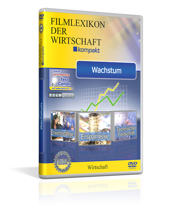 DVD-Cover 'Filmlexikon der Wirtschaft - Wachstum' mit Grafiken zu Erwirtschaftung, Ersparnissen und technischem Fortschritt.