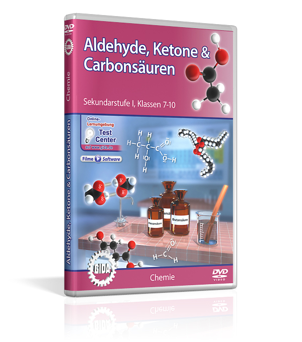 DVD-Cover über Aldehyde, Ketone und Carbonsäuren für die Sekundarstufe I, Klassen 7-10, mit chemischen Modellen und Laborutensilien.