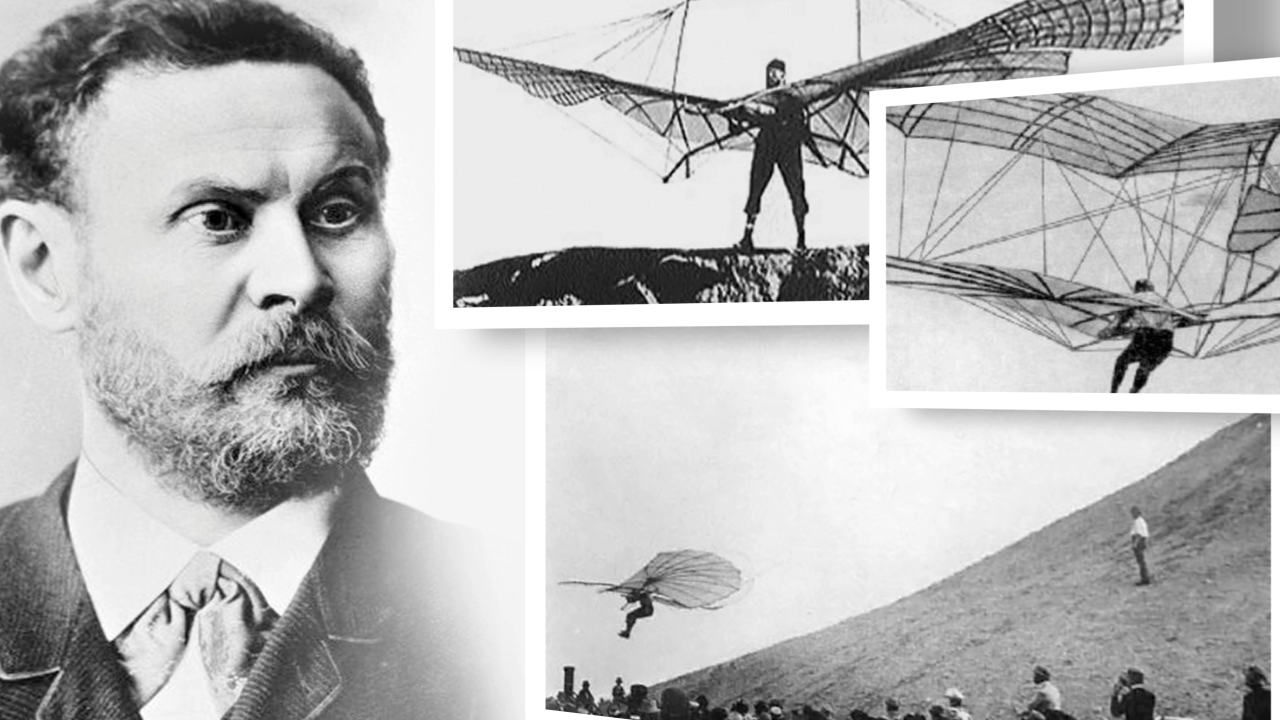 Historisches Bild von Otto Lilienthal, einem Pionier der Luftfahrt, mit seinen Gleitflugzeugen.