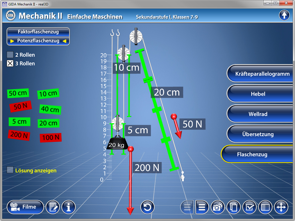 Diagramm zur Mechanik einfacher Maschinen mit Kräften, Rollen und Abmessungen.
