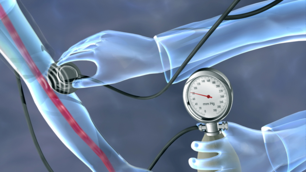 Grafik zeigt eine digitale Darstellung der Blutdruckmessung am Arm mit einem Blutdruckmessgerät.