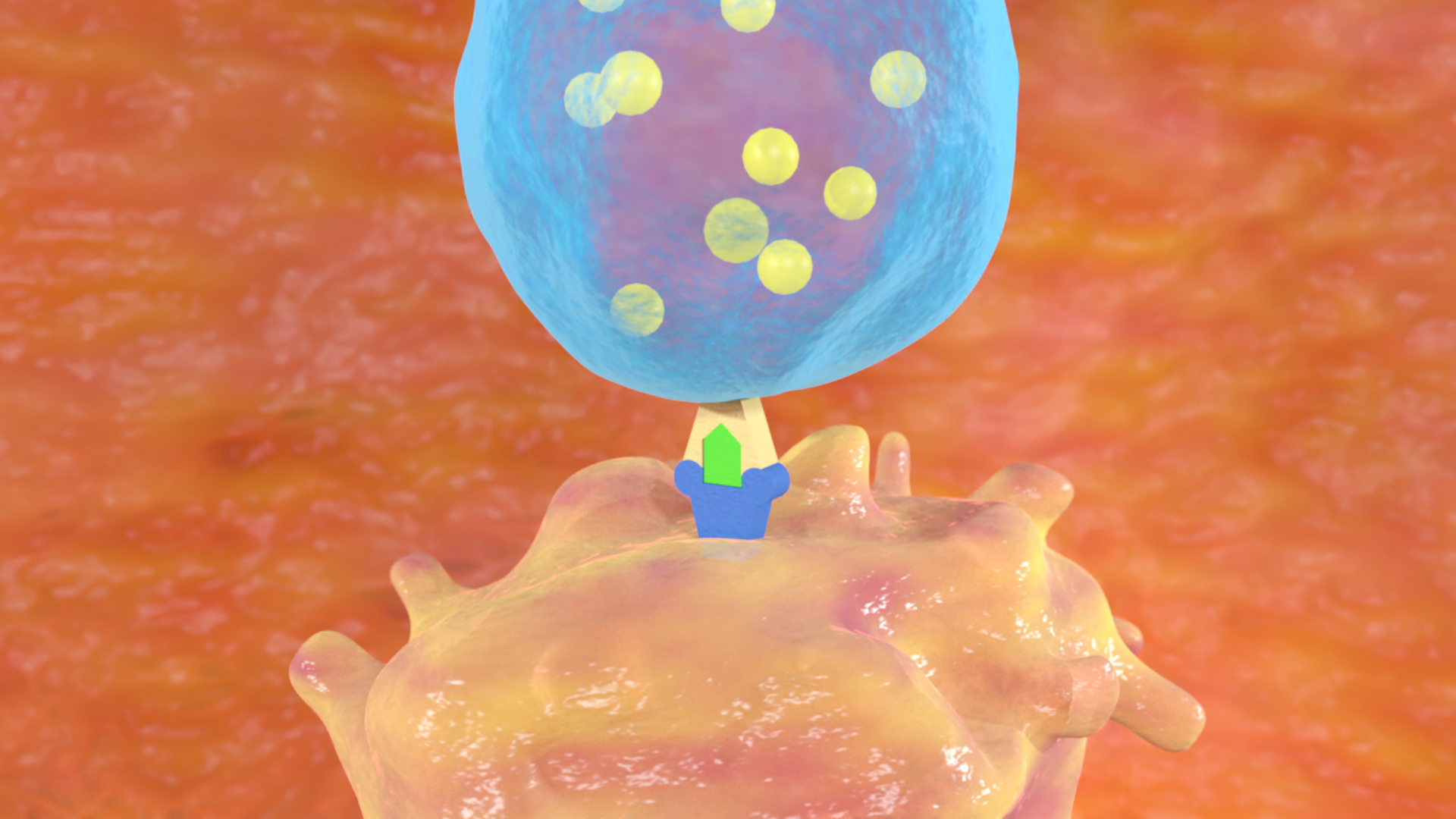 3D-Darstellung einer Nervenzelle mit einem synaptischen Vesikel, das Neurotransmitter enthält.