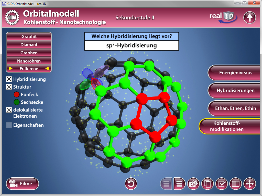 3D-Modell eines Fullerenes mit farbigen Atomen, das die Struktur und Hybridisierung zeigt.