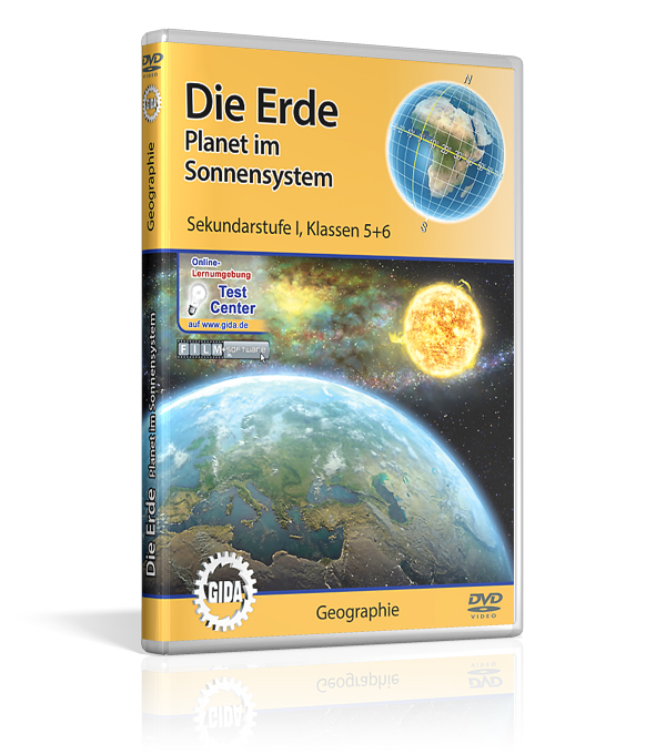 Erde - Planet im Sonnensystem DVD-Cover für 'Die Erde: Planet im Sonnensystem', zeigt die Erde und die Sonne, geeignet für Schüler der Klassen 5 und 6.