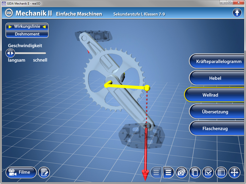 Interaktive Grafik zu Mechanik II mit einem Zahnrad und Hebel, zeigt die Wirkungslinie und Geschwindigkeitsänderung.