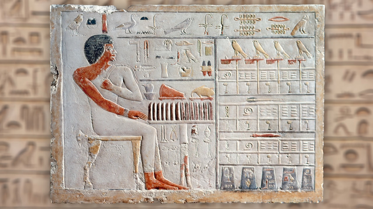 Ägyptische Wandmalerei, die einen sitzenden Mann zeigt, umgeben von Hieroglyphen und Symbolen.
