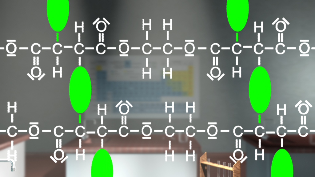 Chemische Strukturformel eines Moleküls mit Kohlenstoff- und Wasserstoffatomen, grüne Ellipsen hervorgehoben.