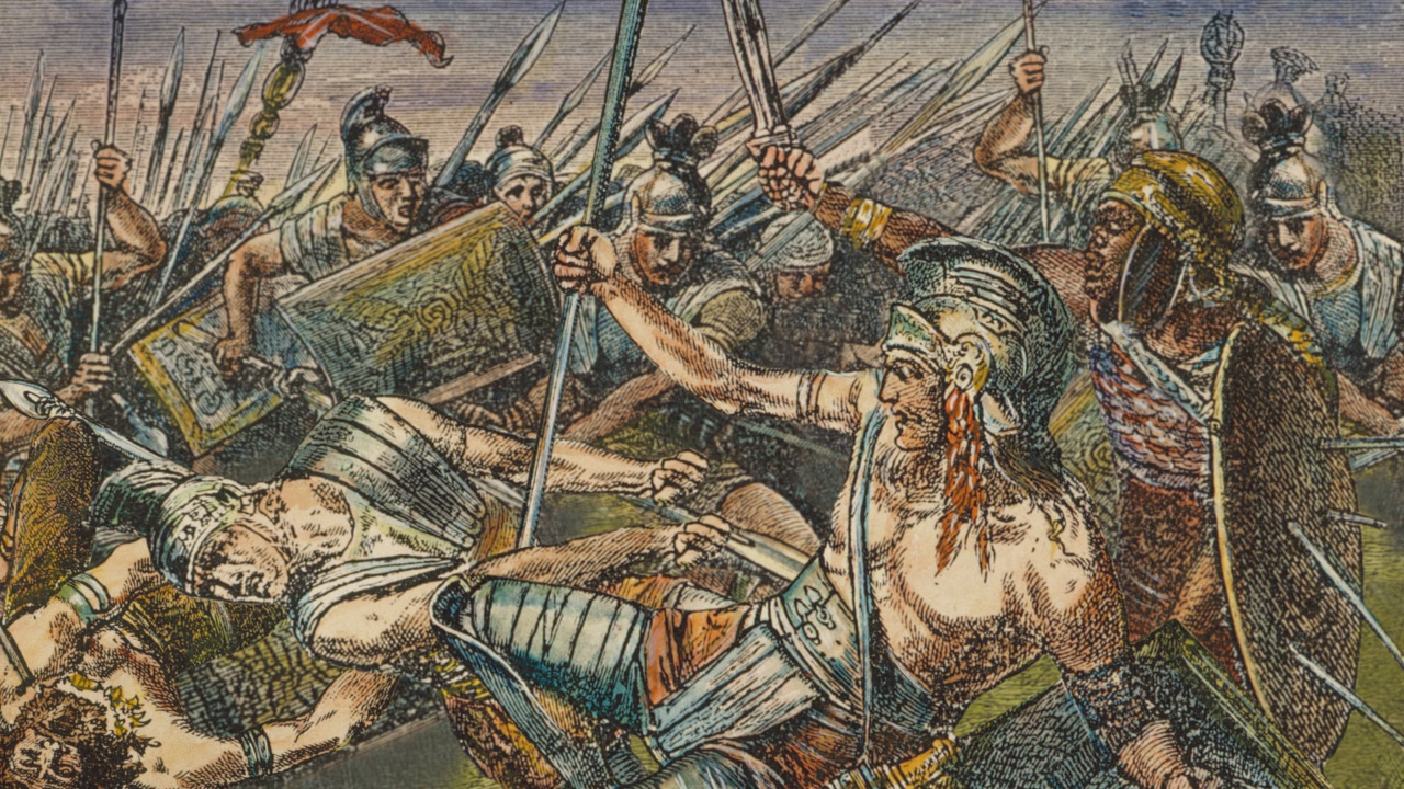 Historische Schlacht mit römischen Soldaten, die in Rüstung und mit Schilden kämpfen, während sie gegen Feinde antreten.