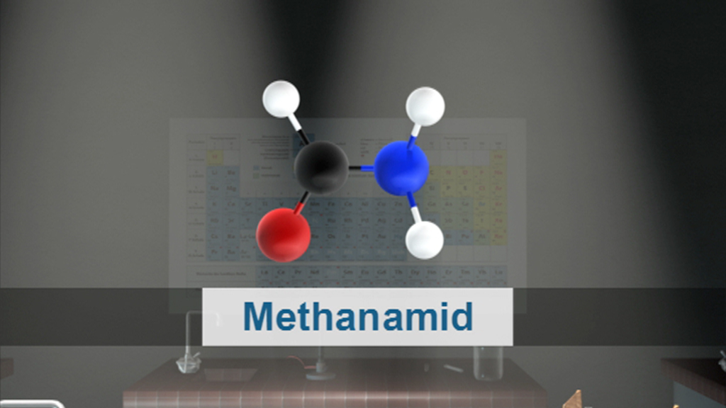 Molekülstruktur von Methanamid mit farblich gekennzeichneten Atomen: rot, schwarz, blau und weiß.